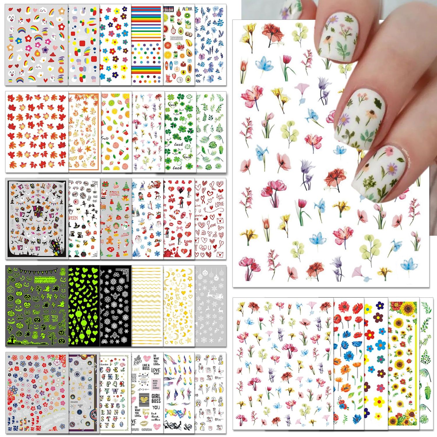 IDDFEVE 36 Sheets Varied Nail Art Stickers, All Holiday Variety Pack Seasonal Nail Decals, Self-Adhesive Pegatinas Uas Colorful Design for Flowers Butterflies Luminous Star Halloween Christmas
