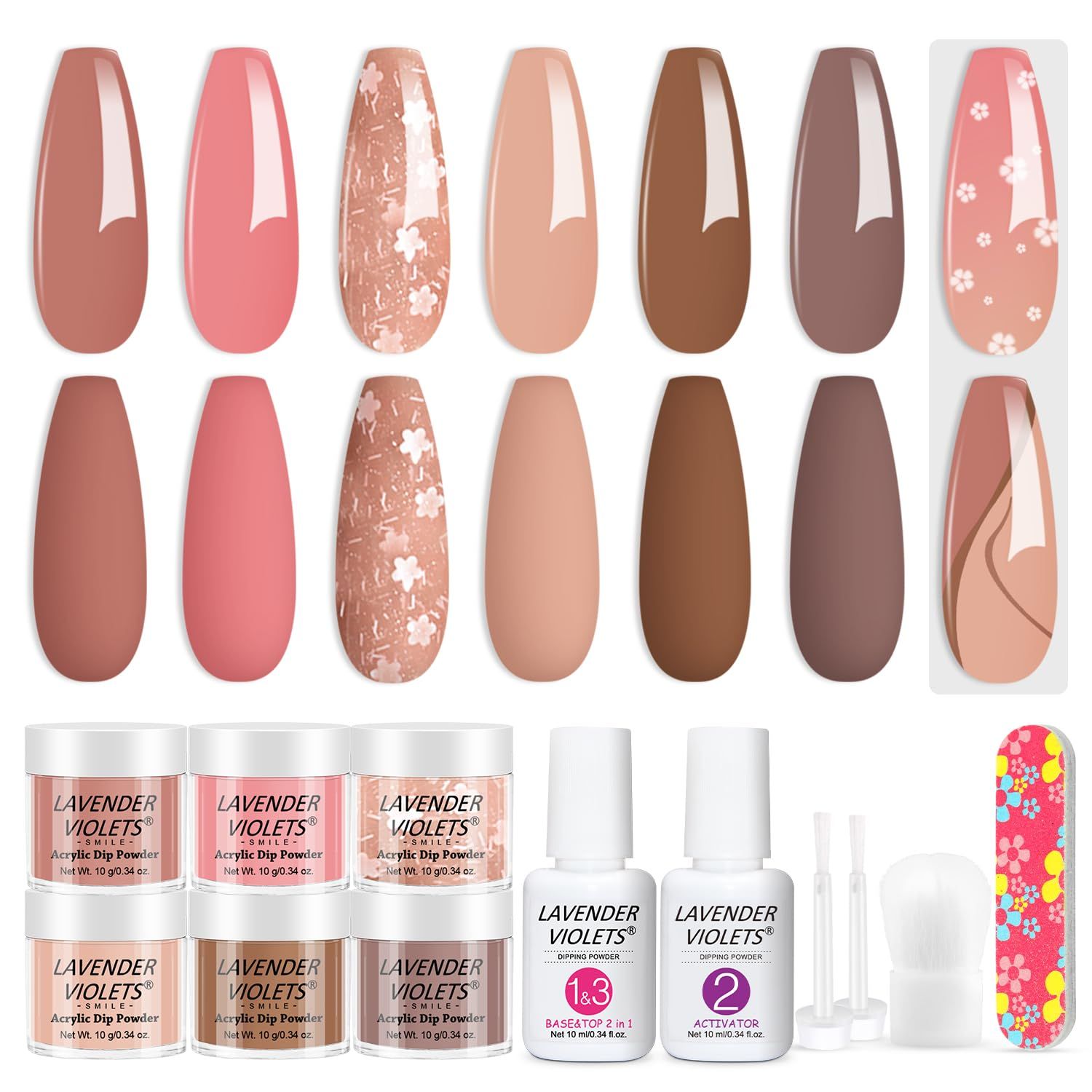 Lavender Violets 12Pcs Dip Powder Nail Kit - 6 Nude Pink Neutral Colors Dipping Powder System with Base &amp; Top Coat Activator for French Manicure at Home M204