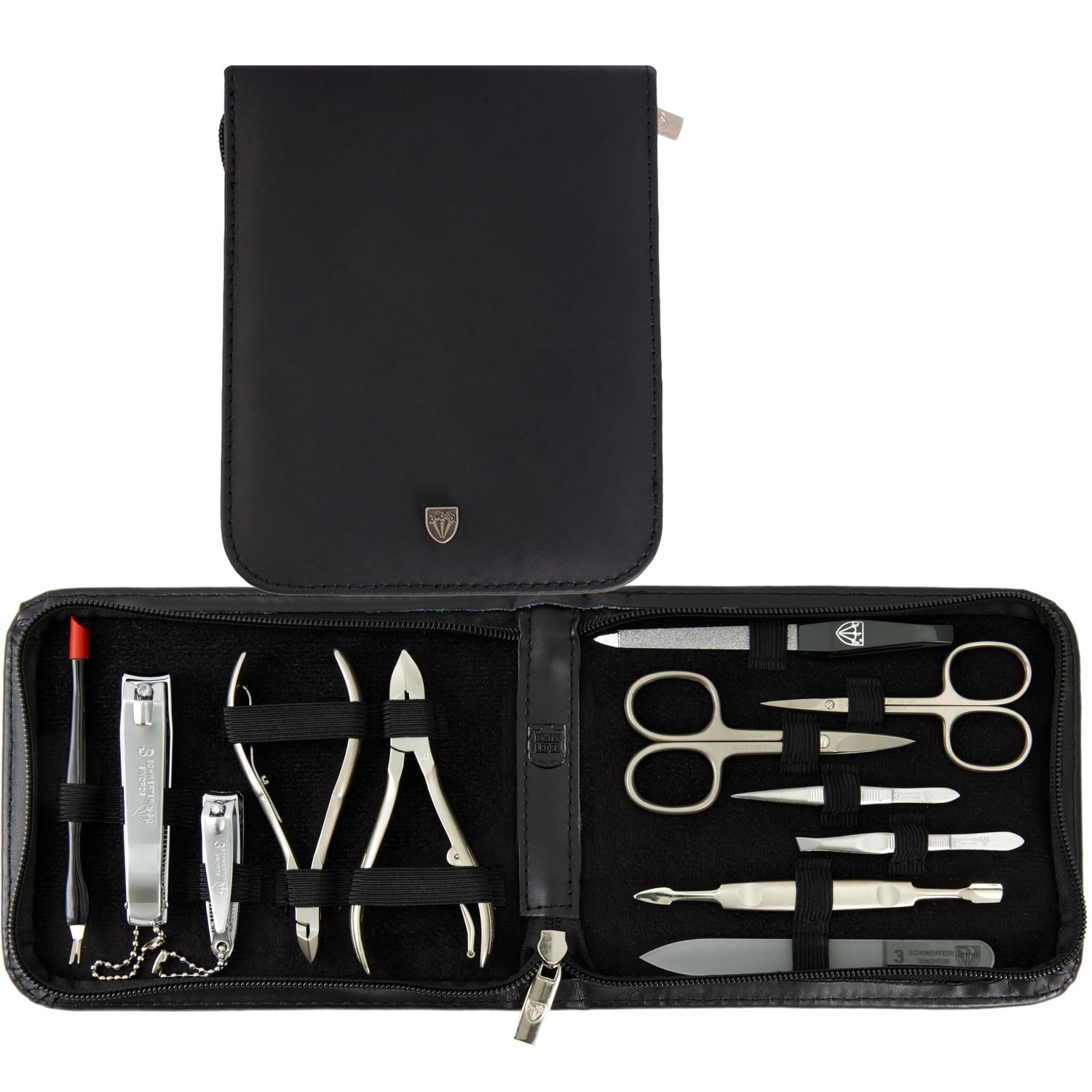 3 Swords Germany - brand quality 12 piece manicure pedicure grooming kit set for professional finger &amp; toe nail care with black genuine leather case - Made in Germany