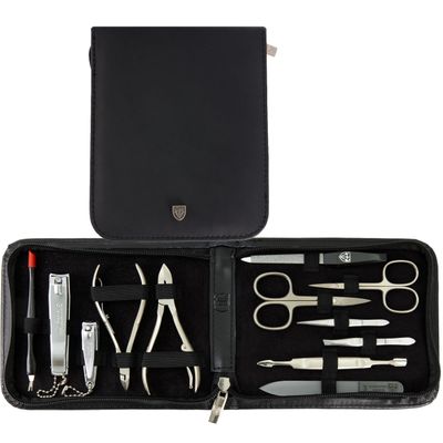 3 Swords Germany - brand quality 12 piece manicure pedicure grooming kit set for professional finger &amp; toe nail care with black genuine leather case - Made in Germany