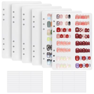 KEIFIN 6 PCS Blank Refill Sheets for Press On Nail Storage Organizer Binder A5 Plastic Insert Pages for Fake Nail Swatch Container Book Polish Color Display Holder with 60 Pcs Tape Strips (CLEAR)