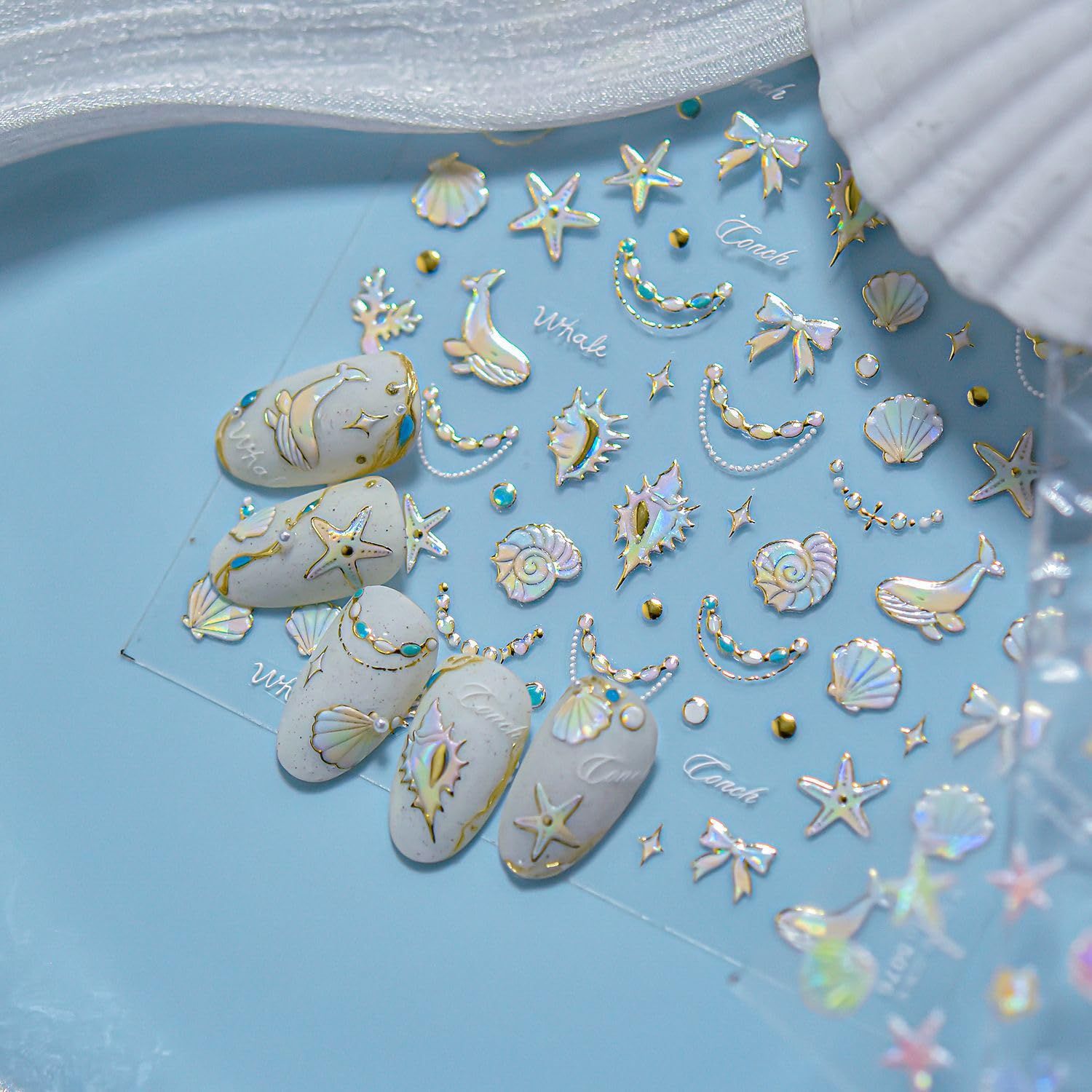 1 Sheets Summer Ocean Nail Decals for Nail Art Dolphin Conch Seashell Nail Stickers Bow Coral Starfish Nail Art Stickers Self-Adhesive Holographic Laser Beach Nail Supplies for Women Nails Decoration