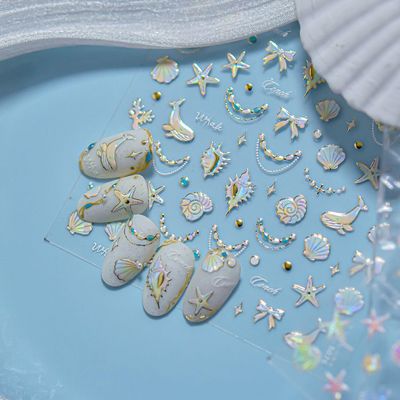 1 Sheets Summer Ocean Nail Decals for Nail Art Dolphin Conch Seashell Nail Stickers Bow Coral Starfish Nail Art Stickers Self-Adhesive Holographic Laser Beach Nail Supplies for Women Nails Decoration