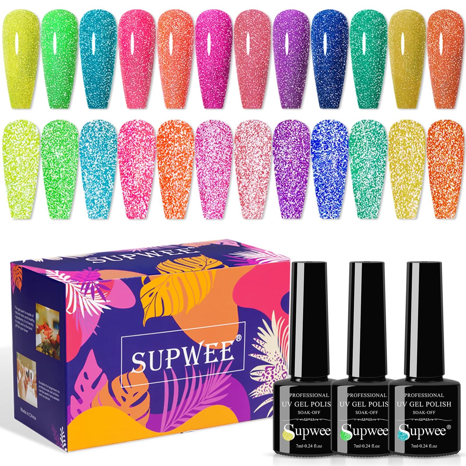 SUPWEE Neon Reflective Glitter Gel Nail Polish - Sparkle Fluorescent &amp; Disco Nail Polish Set in Neon Yellow, Green, Hot Pink, Orange - Soak Off UV Gel
