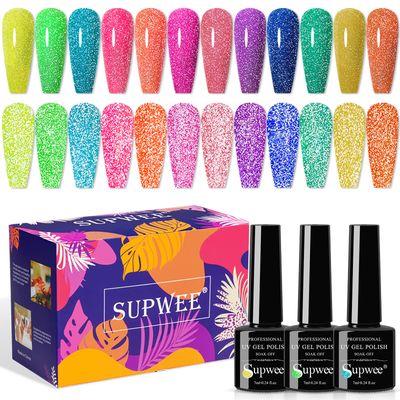 SUPWEE Neon Reflective Glitter Gel Nail Polish - Sparkle Fluorescent &amp; Disco Nail Polish Set in Neon Yellow, Green, Hot Pink, Orange - Soak Off UV Gel
