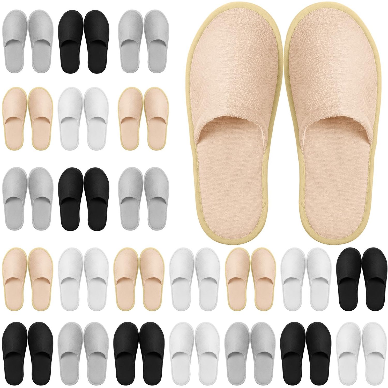 Geyoga 24 Pairs Disposable Slippers for Guests Bulk 2 Size Cotton Hotel Spa House Slippers for Graduation Wedding Party Shoeless Home Travel Individually Wrapped(White, Light Gray, Black, Khaki)