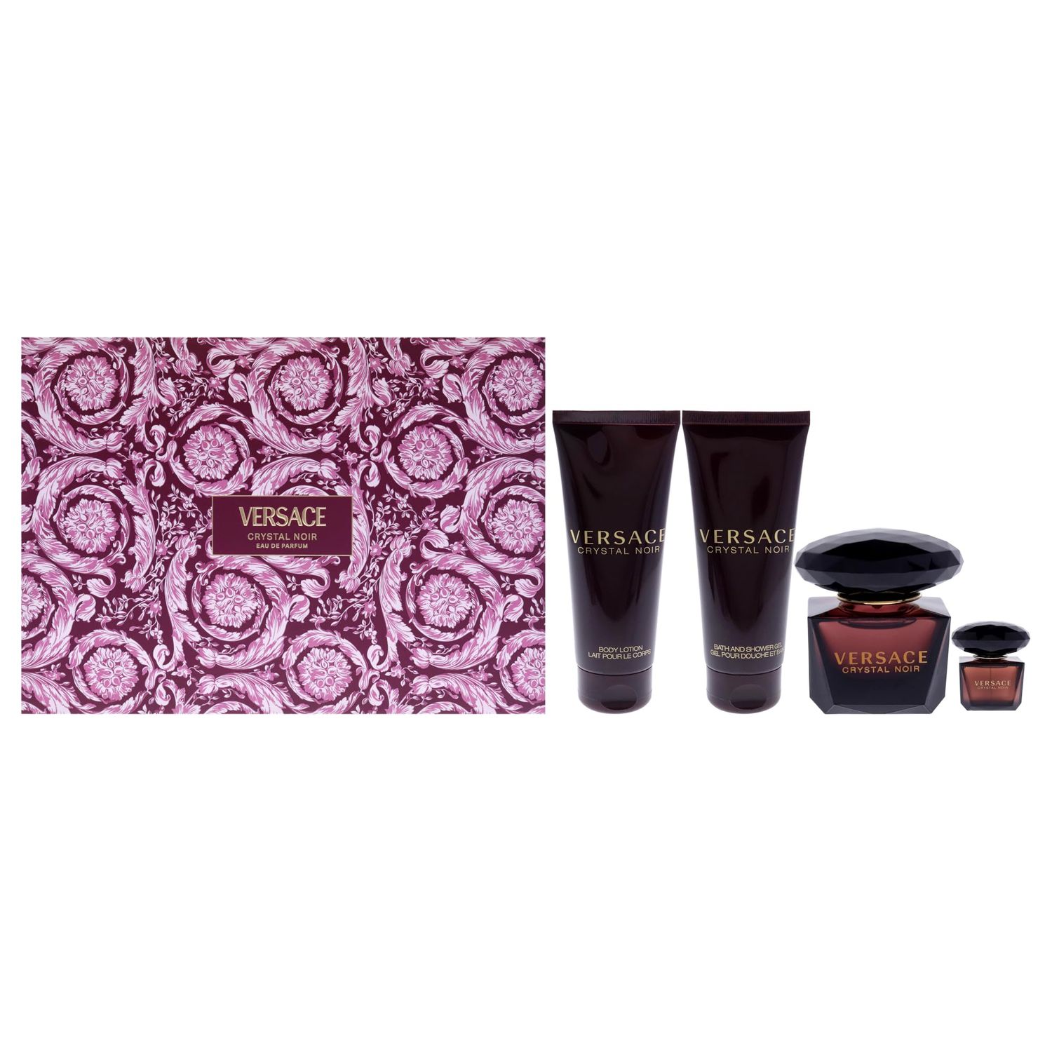 Versace Crystal Noir by Versace for Women 4 Piece Set Includes: 3.0 oz Eau de Parfum Spray 3.4 oz Bath and Shower Gel 3.4 oz Body Lotion 0.17 oz Eau de Parfum
