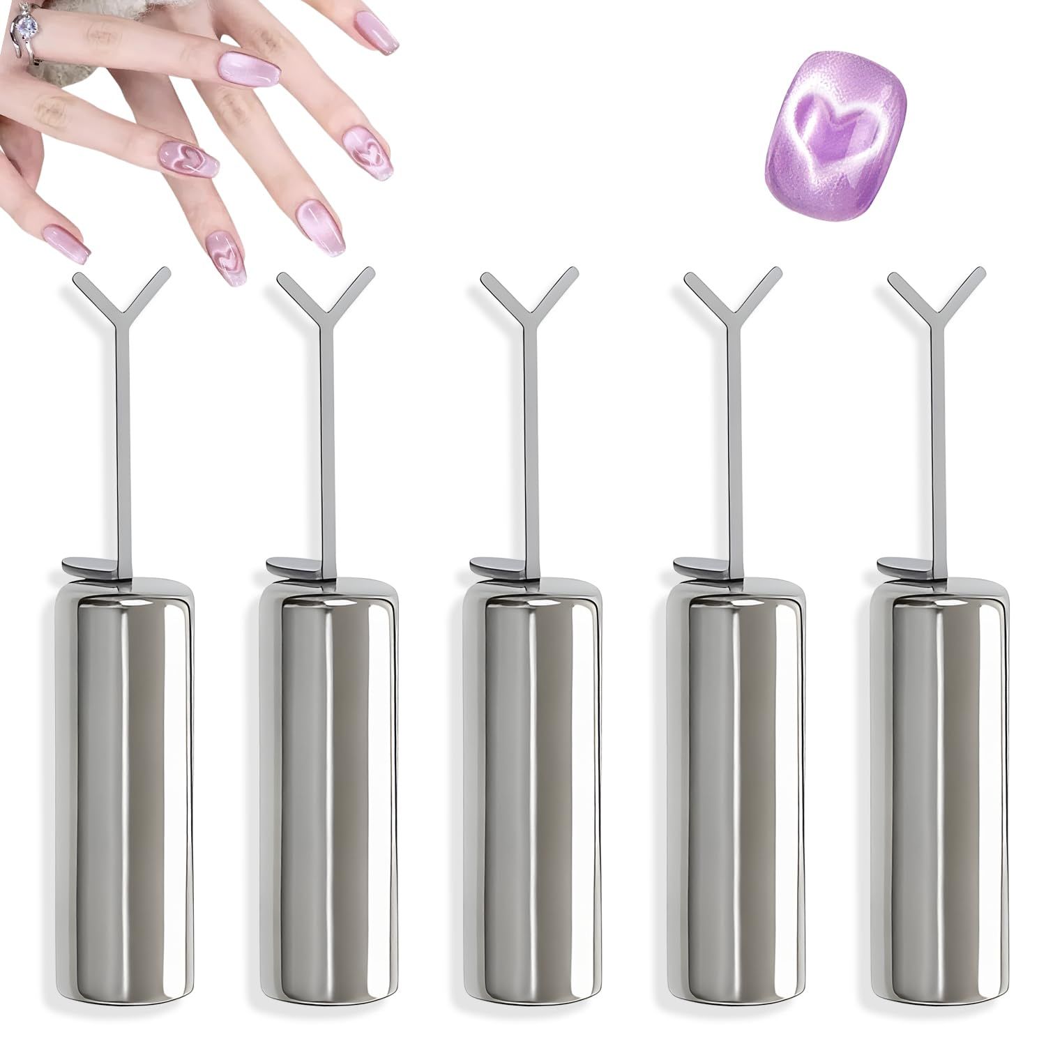 Heart Magnet for Cat Eye Gel Polish, 5 Pack Heart Cat Eye Magnet for Nails, DIY Manicure Kit with Y-Shaped Guide Sticks, Professional Nail Magnet for Home and Salon Use