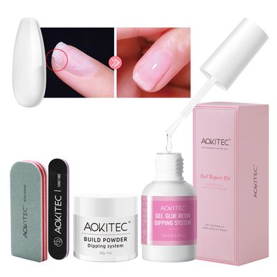Aokitec 4 PCS Dip Powder Nail Repair Kit for Split Natural Nails, 28g Nail Build Powder &amp; Nail Repair Glue, Quick Nail Repair Nail Hardener Nail Strengthener for Damaged Weak Broken Nails