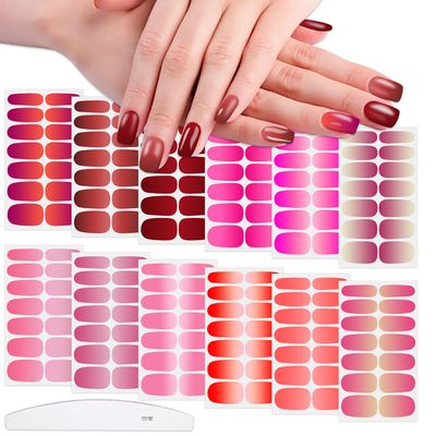 WOKOTO 12 Sheets Red Pink Gradient Nail Polish Stickers Full Nail Wraps for Women Solid Ombre Nail Art Gel Stickers Nail Polish Strips with Nail File Kit Press On Nails