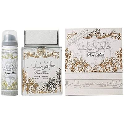 Lattafa Perfumes Pure Musk 2 Piece Set for Unisex (3.4 Ounce Eau de Parfum Spray 1.7 Ounce Perfumed Body Spray)