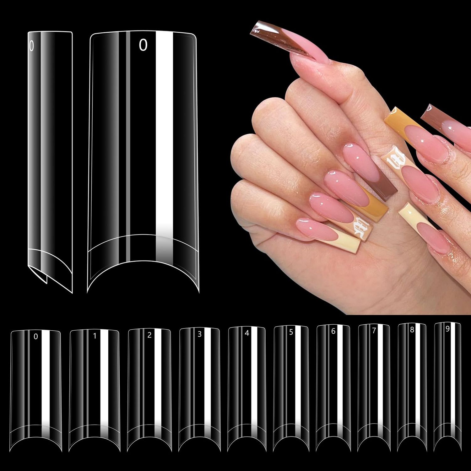 LIONVISON 500PCS No C Curve Nail Tips, Long Square Half Cover Artificial Nails, 10 Sizes Straight French Clear Fake Tips for Acrylic Professional Nail Art Salon