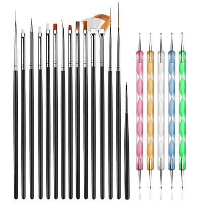 JOYJULY 20pcs Nail Art Design Tools, 15pcs Painting Brushes Set with 5pcs Dotting Pens, BLACK