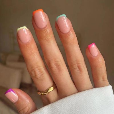 Colorful French Tip Press on Nails Short Square Fake Nails Nude Pink False Nails Natural Glue on Nails Full Cover Acrylic Stick on Nails for Women Manicure Kit 24Pcs