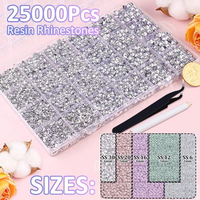 25000Pcs Resin Rhinestones with Tweezers for Crafting, Silver Clear Flatback Gems, Bedazzling Crystal with 3Pcs 10ml B7000 Jewelry Glue for DIY Crafts Clothing Tumblers Shoes Fabric Nail Art