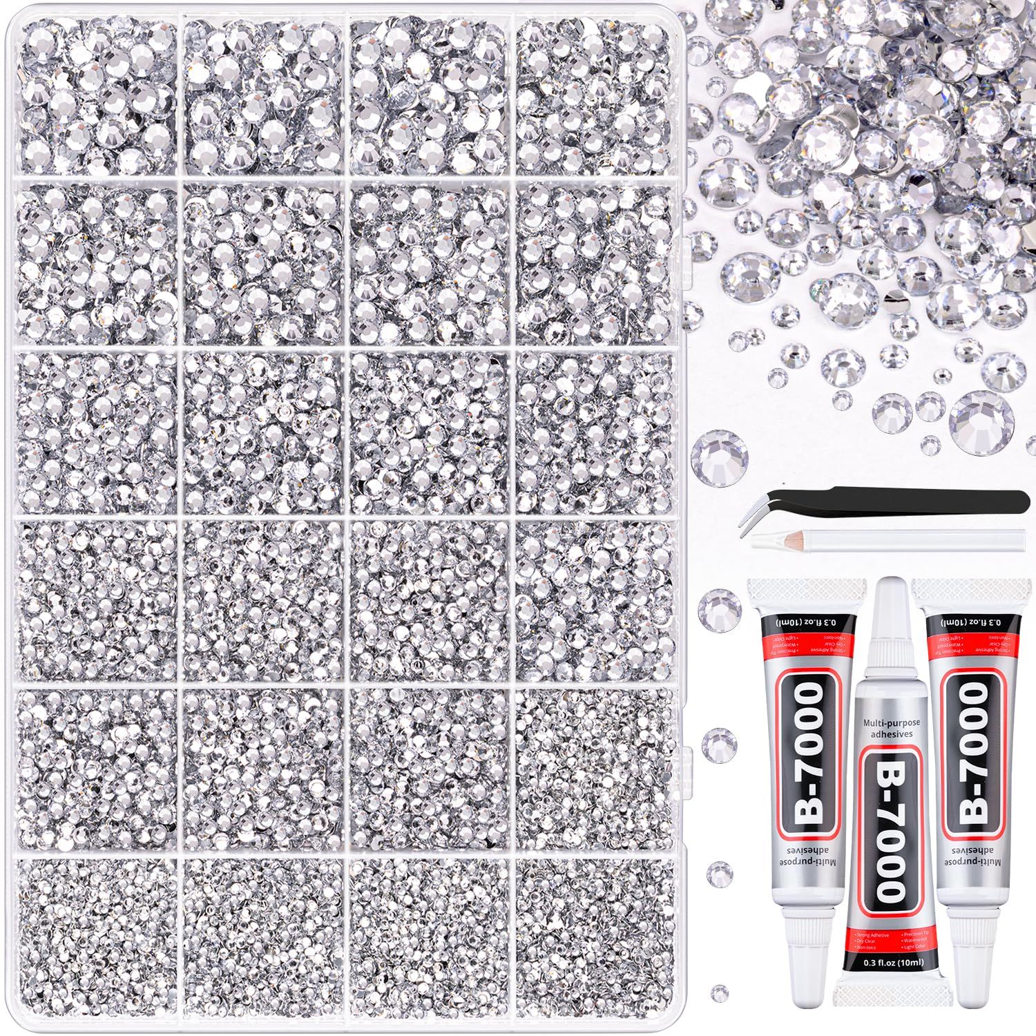 25000Pcs Resin Rhinestones with Tweezers for Crafting, Silver Clear Flatback Gems, Bedazzling Crystal with 3Pcs 10ml B7000 Jewelry Glue for DIY Crafts Clothing Tumblers Shoes Fabric Nail Art