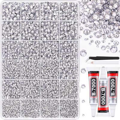 25000Pcs Resin Rhinestones with Tweezers for Crafting, Silver Clear Flatback Gems, Bedazzling Crystal with 3Pcs 10ml B7000 Jewelry Glue for DIY Crafts Clothing Tumblers Shoes Fabric Nail Art