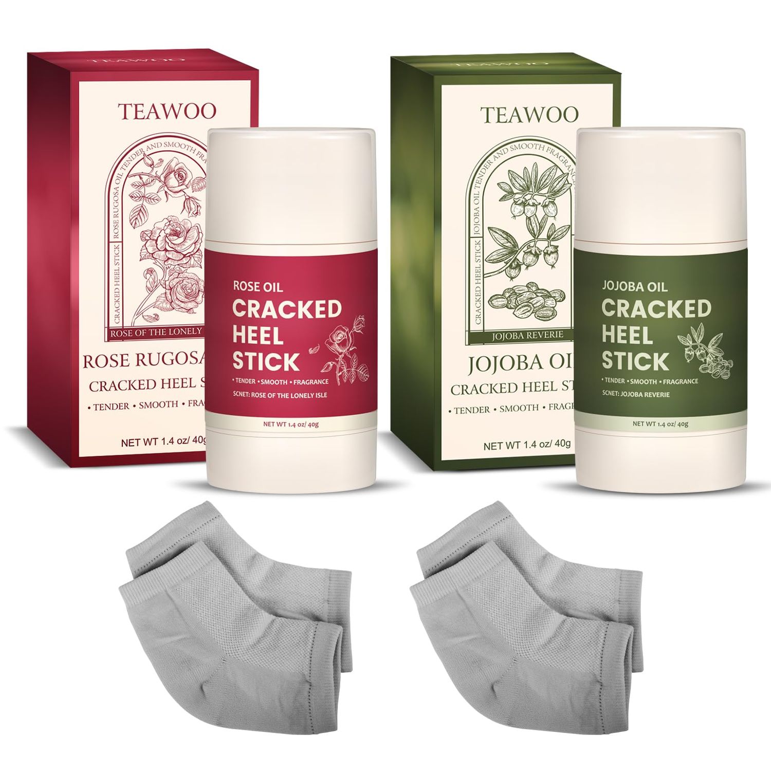 TEAWOO 2-Pack Dual Formula Cracked Heel Repair Stick Set with 2 Heel Socks - Rose Oil &amp; Jojoba Oil Infused Foot Balm for Dry, Cracked Feet - Moisturizing, No-Mess Applicator, Travel-Friendly