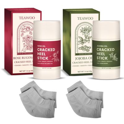 TEAWOO 2-Pack Dual Formula Cracked Heel Repair Stick Set with 2 Heel Socks - Rose Oil &amp; Jojoba Oil Infused Foot Balm for Dry, Cracked Feet - Moisturizing, No-Mess Applicator, Travel-Friendly