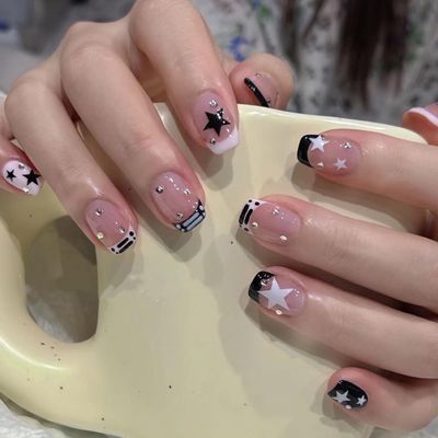 BABALAL Square Press on Nails Short Fake Nails Pink Black French Tip Glue on Nails Star Rhinestone Acrylic Nails 24Pcs Squoval False Nails for Women and Girls
