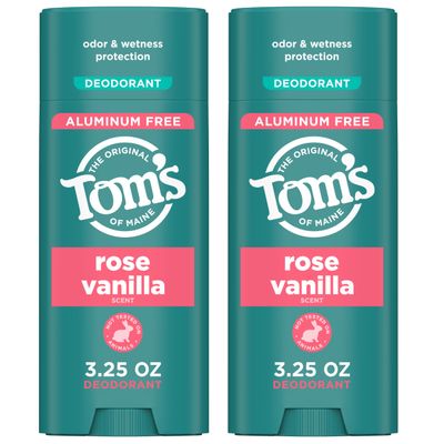 Toms of Maine Rose Vanilla Aluminum Free Natural Deodorant For Women &amp; Men | Goes on Clear | Odor &amp; Wetness Protection | Naturally Derived and Moisture-Locking Ingredients | 3.25 oz (2 Pack)