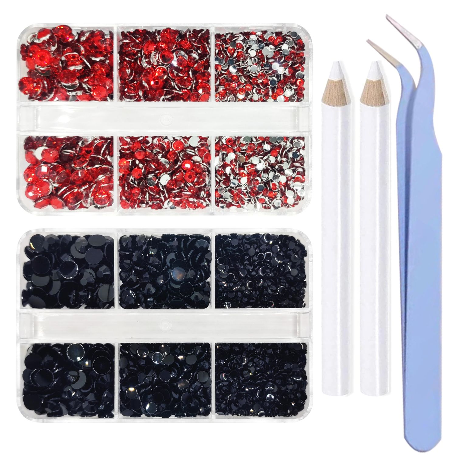 8000 Pieces Red &amp; Black Non Hotfix Flat Back Gems Round Resin Rhinestones Kit 4 Mixed Sizes2-5mm with Picking Pen and Tweezer for Nails Crafts Makeup Eyes DIY Christmas Gift Clothes Phone Bottles