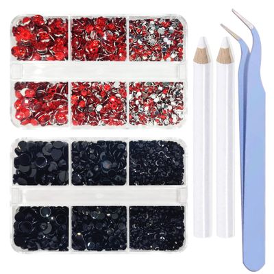 8000 Pieces Red &amp; Black Non Hotfix Flat Back Gems Round Resin Rhinestones Kit 4 Mixed Sizes2-5mm with Picking Pen and Tweezer for Nails Crafts Makeup Eyes DIY Christmas Gift Clothes Phone Bottles