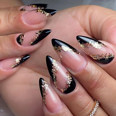 IMSOHOT Almond Press-on Nails - Black French Fake Nails, Medium Stiletto, Nude Glue, Glossy Full Cover Acrylic with Gold Foil Designs, 24Pcs