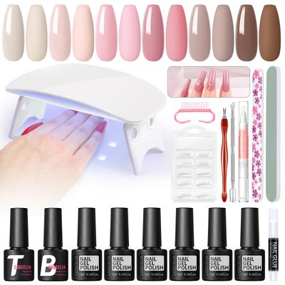 COSCELIA Gel Nail Polish Kit with U V Light Starter Kit Nude Pink 6 Colors Gel Nail Polish Set Mini Nail Lamp Nail Tips Professional Nail Manicure Kit DIY Gift for Women
