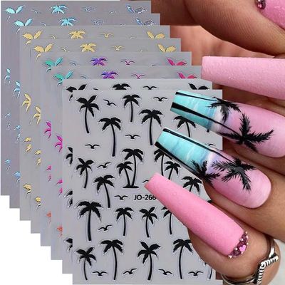 Tropical Palm Tree Nail Art Stickers, Coconut Trees Nail Decals, 8PCS Multi-Color Holographic Design with Birds and Moon Summer Beach Theme Sliders Manicure Decorations Supplies for Women