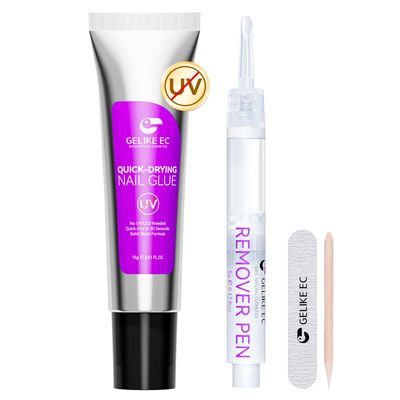 Gelike EC Solid Nail Glue Gel: Quick Drying 15g Gel Nail Polish with Remover Pen for Home Salon - Semi Solid Nail Glue No UV Light Needed for Beginners