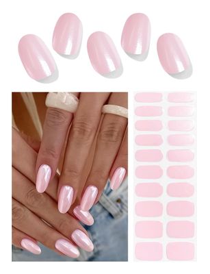 Wahrshei Semi Cured Gel Nail Strips (Glazed Donut Pink) | Pearl Shimmer Effect 20 pcs Semi Cured Gel Nails Sticker | Gel Nail Wraps UV for Home Nails DIY