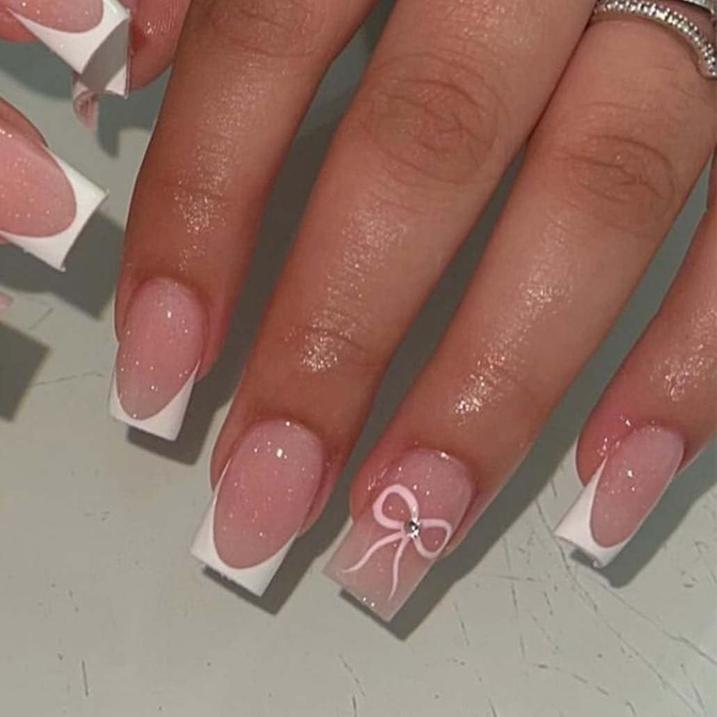 Foccna French Press on Nails White Square Acrylic Fake Nails Full Cover False Nails Pink Glossy Artificial Stick on Nails for Women Reusable Fake Nails Kit 24Pcs