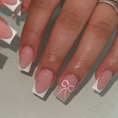 Foccna French Press on Nails White Square Acrylic Fake Nails Full Cover False Nails Pink Glossy Artificial Stick on Nails for Women Reusable Fake Nails Kit 24Pcs