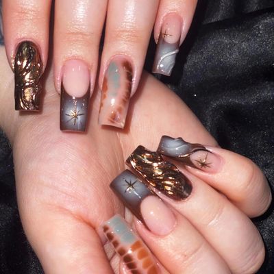 BABALAL Square Press on Nails Long Fake Nails French Tip Glue on Nails Brown Chrome Acrylic Nails 3d Water Wave Design Squoval Stick on False Nails 24Pcs Y2k Manicure Nails for Women and Girls