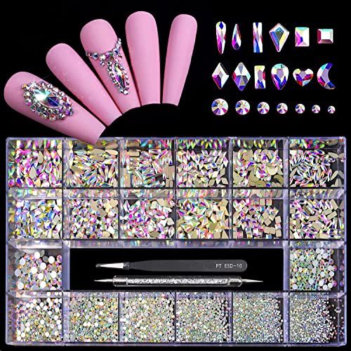Yzzseven 12 Types of 600 Crystal AB Diamonds 2500 Flat Rhinestones Mix 20 Styles Flatback DIY Crafts Rhinestone Crystals 3D Ornaments Flat Back Stones Set Tweezers Drill Pen