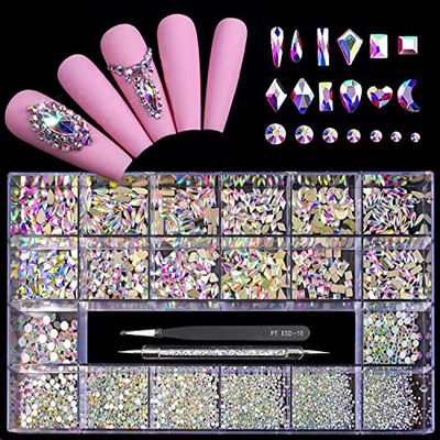 Yzzseven 12 Types of 600 Crystal AB Diamonds 2500 Flat Rhinestones Mix 20 Styles Flatback DIY Crafts Rhinestone Crystals 3D Ornaments Flat Back Stones Set Tweezers Drill Pen