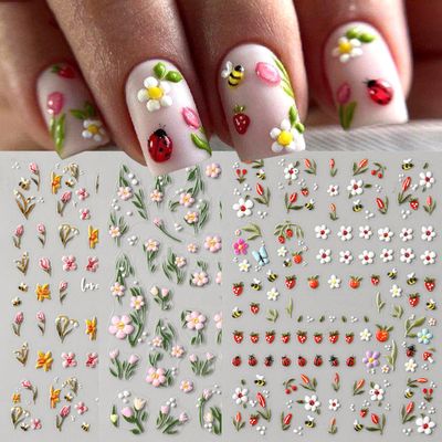3PCS 5D Spring Flower Nail Stickers for Nail Art, 5D Embossed Ladybug Tulip Strawberry Nail Decals Cute Small Flowers Leaves Nail Design Manicure Sliders Spring Summer Self-Adhesive Nails Supplies