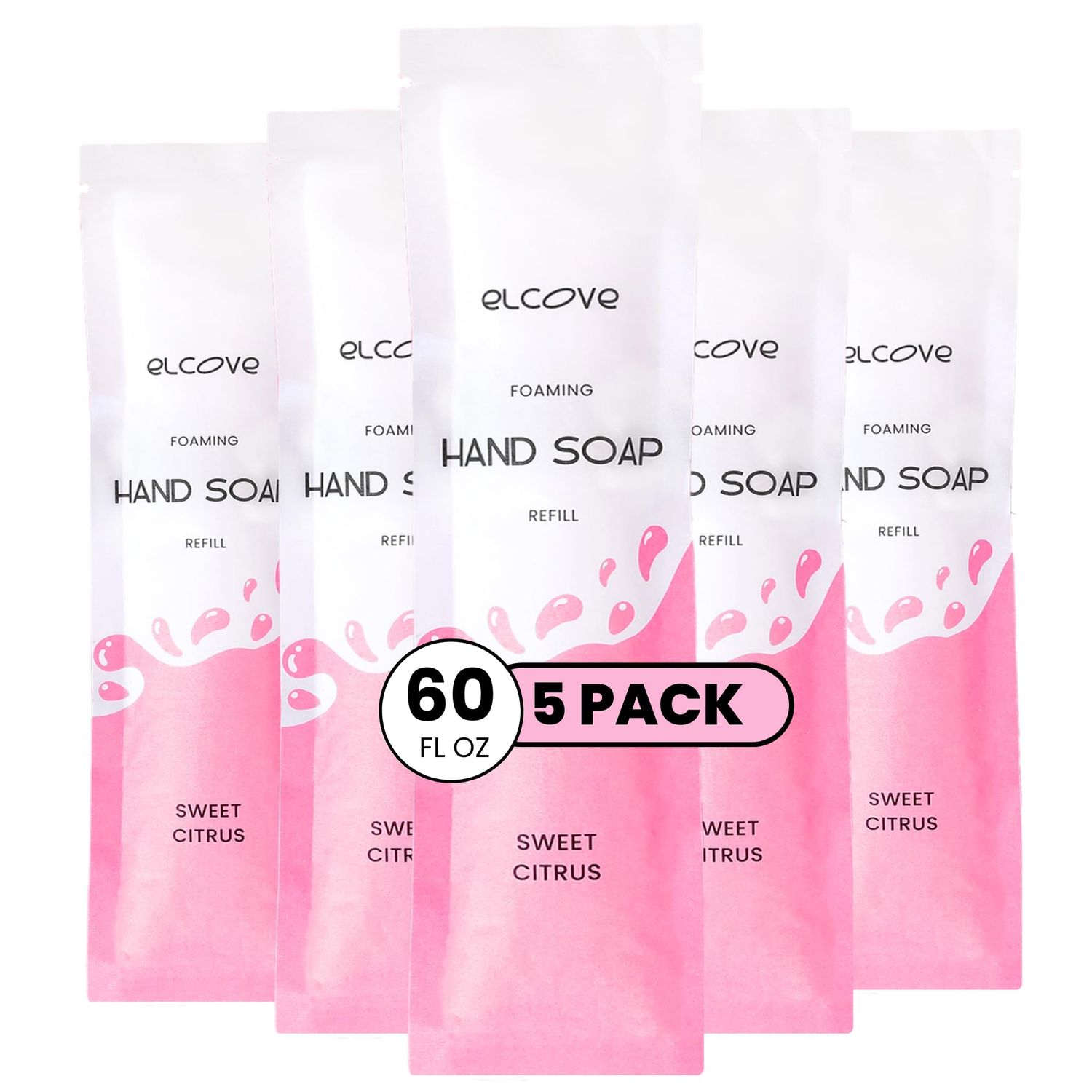 Elcove Foaming Hand Soap Refills, 5 Pack Makes 5 x 12oz (60 oz total) of Eco Friendly, Non Toxic, Refillable Hand Soap, Sweet Citrus