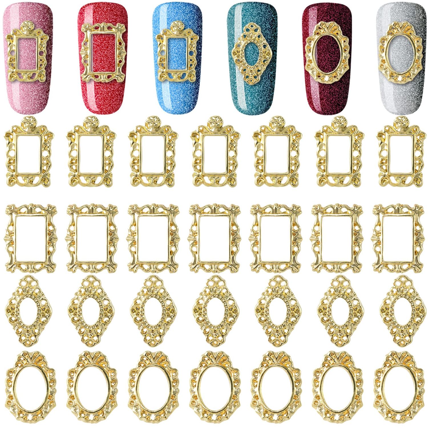 Pndeyo 40pcs 3D Metal Nail Charms, Frame Gothic Nail Art Charms, Gold Nail Jewels Art Decoration for Women Girls Acrylic Nail DIY Craft Design Manicure Accessories