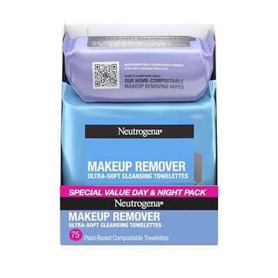 Neutrogena Day &amp; Night Facial Cleansing Wipes, Makeup Remover Face Cleansing Towelettes &amp; Night Calming Facial Cloths, 100 Plant Based Fibers Wipe Away Dirt &amp; Oil, (3 Packs of 25)