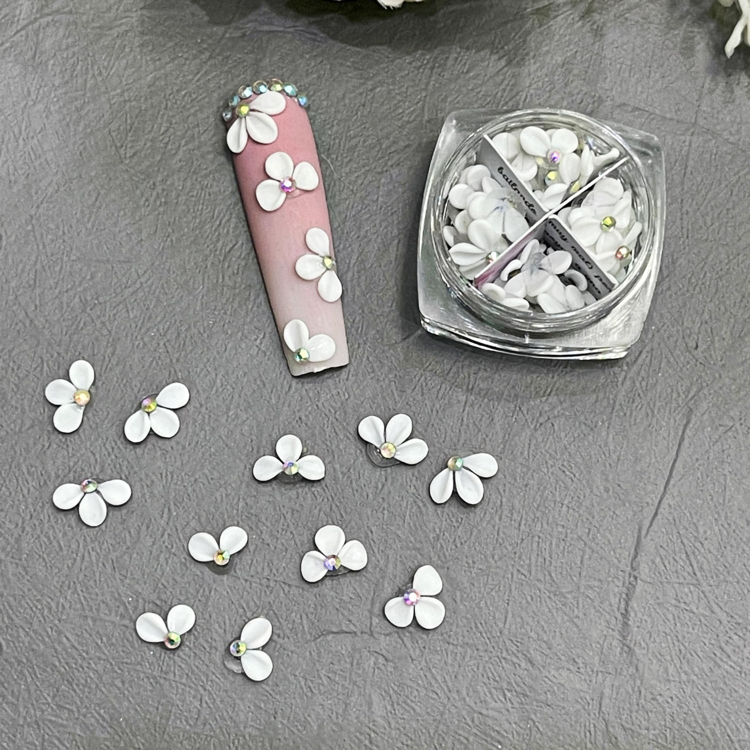 Set 50Pcs White 3D Flowers for Nails, Apricot Handmade 3D Acrylic Flowers for Nails, Flower Nail Charms Rhinestones Gems by Acrylic Powder Design Nail Art Women Girls (Apricot Tiny White - 50Pcs)