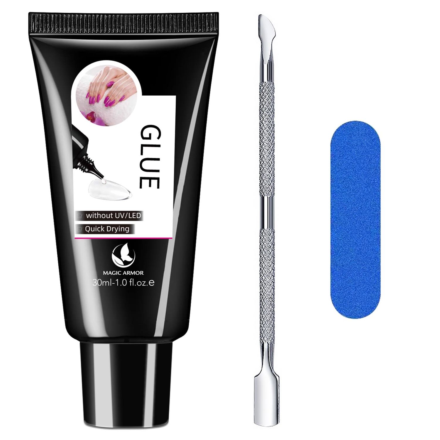 MAGIC ARMOR 30g Semi Solid Nail Glue for Press On Nail, No UV Lamp Need Gel Nail Glue with Cuticle Pusher and Nail File, Quick Drying Gel Long Lasting for Fake Acrylic Nails