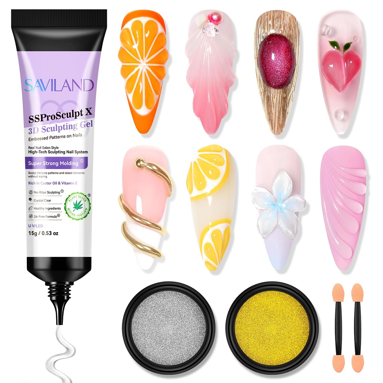 SAVILAND 3D Nail Gel and Chrome Nail Powder Kit: 15g No Wipe Clear 3D Sculpting Gel for Nail Art, 3D Carving Nail Molding Gel &amp; Metallic Chrome Powder Set for Gel Nail Art Decoration Home Manicure DIY
