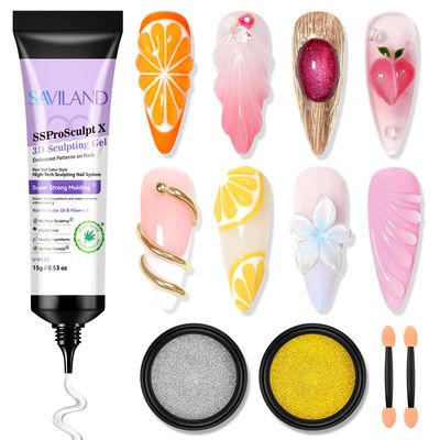 SAVILAND 3D Nail Gel and Chrome Nail Powder Kit: 15g No Wipe Clear 3D Sculpting Gel for Nail Art, 3D Carving Nail Molding Gel &amp; Metallic Chrome Powder Set for Gel Nail Art Decoration Home Manicure DIY