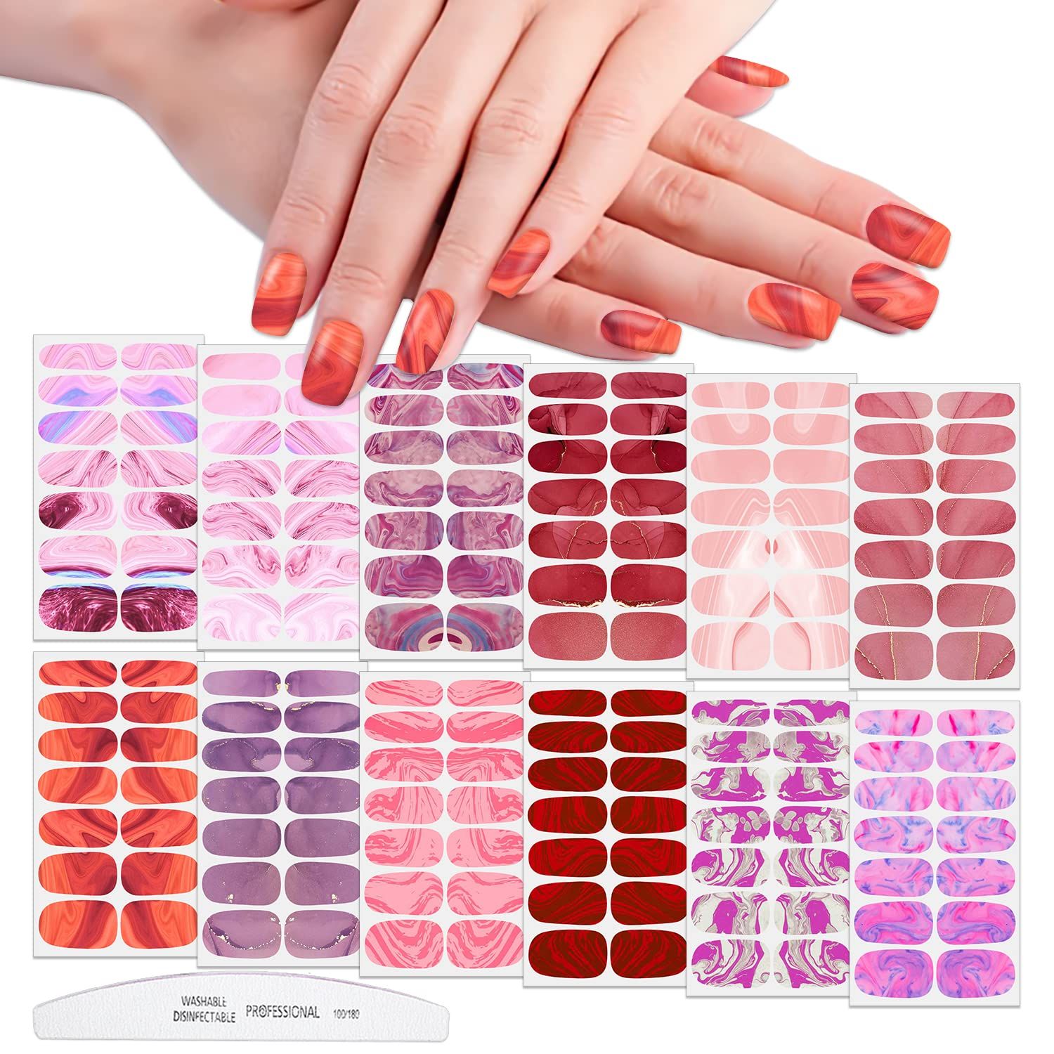 WOKOTO 12 Sheets Red Pink Nail Polish Stickers Full Nail Wraps for Women Girls Kids Gradient Gel Nail Stickers for Nails Marble Print Design Nail Polish Strips Stick On Nails Gel Strips for Nail Art