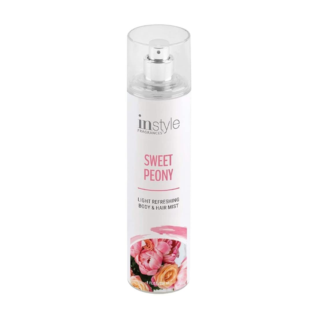 Instyle Fragrances | Body &amp; Hair Mist | Sweet Peony Scent | With Panthenol | CLEAN, Vegan, Paraben Free, Phthalate Free | Premium 8 Fl Oz Spray Bottle
