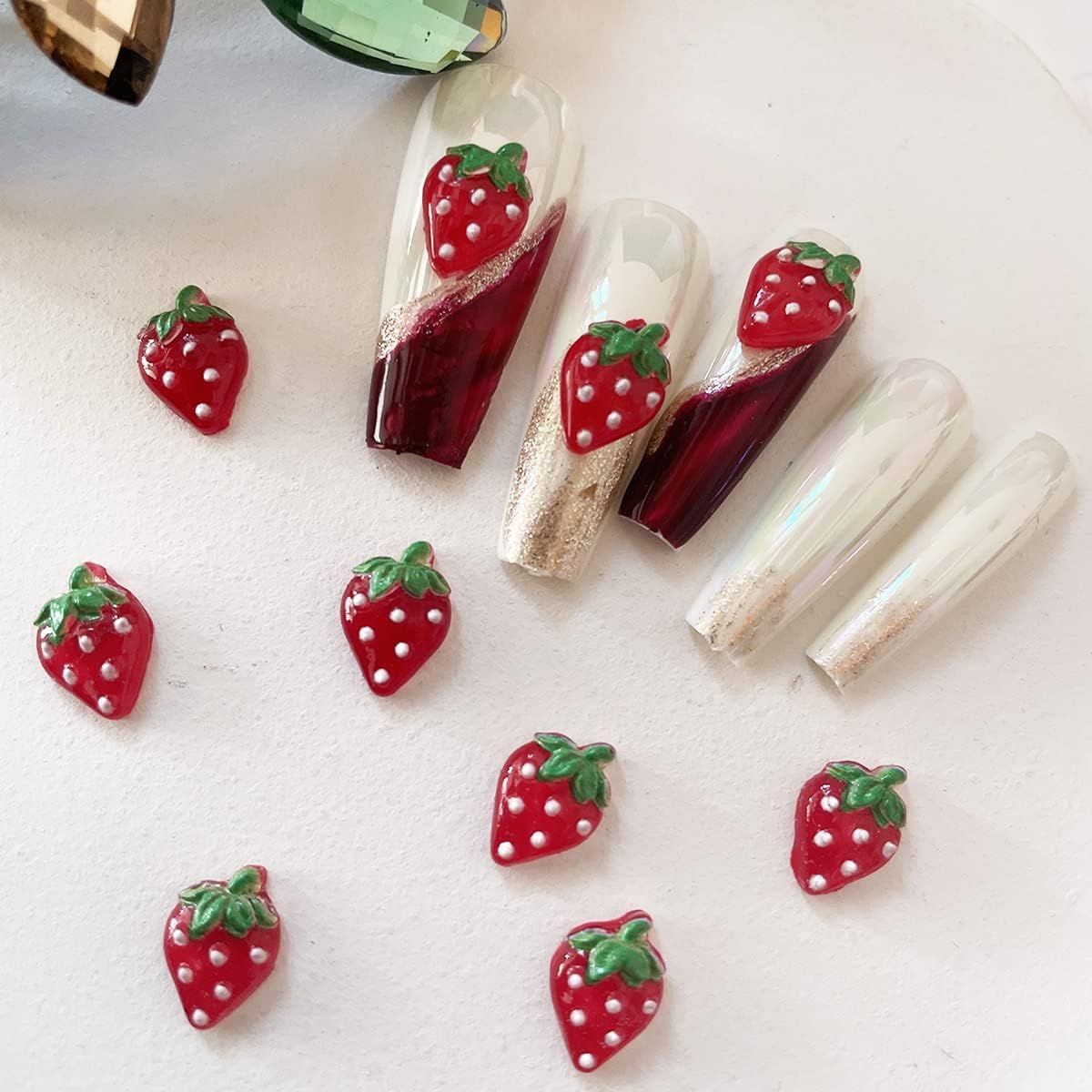 50Pcs Red Nail Charms Accessories Cute Strawberry for Spring Summer Season Manicure Decoration Kawaii Nail Art Rhinestones Fruit Gems for Womens Beauty and Personal Care