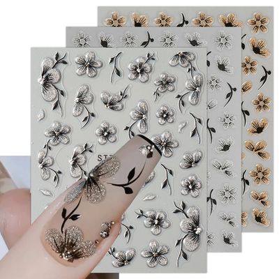 JMEOWIO 6 Sheets 3D Embossed Flower Nail Art Stickers Decals Self-Adhesive 5D Spring Summer Floral Nail Supplies Nail Art Design Decoration Accessories