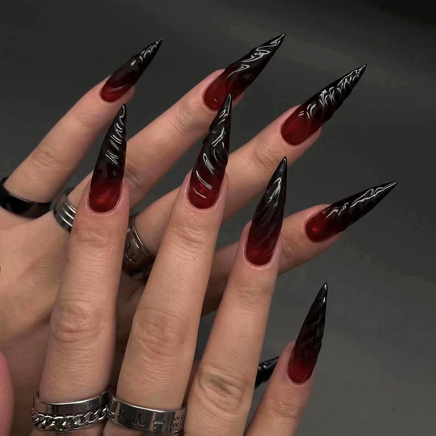 MISUD Press on Nails Long Stiletto Fake Nails Glossy Glue on Nails Goth Almond Acrylic Nails Gothic Red Black Ombre Artificial Nails 3D Swirl Stick on False Nails with Design 24pcs